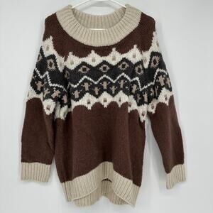Aerie Sweater Womens Small Brown Fair Isle Knit Pullover Crewneck Cozy